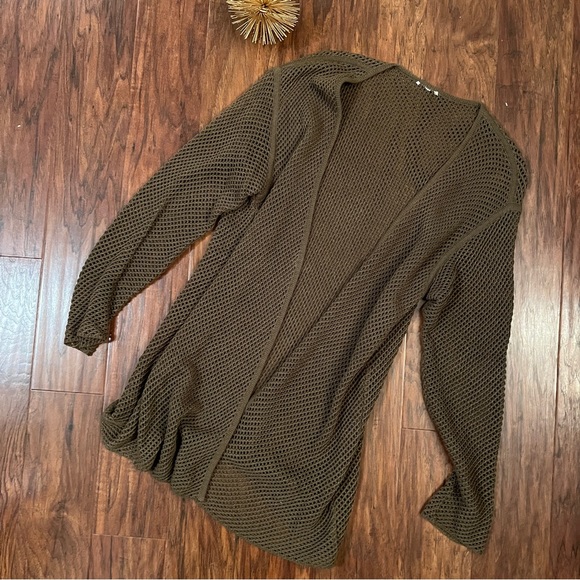 Open Knit Open Front Olive Green Long Cardigan Sweater - Picture 5 of 6